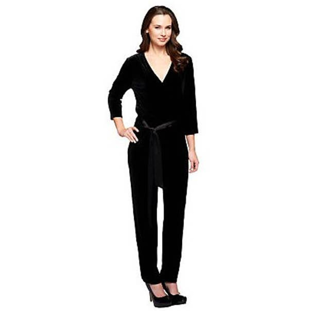 Susan Graver Womans XS Surplus Jumpsuit Black Velvet 3/4 Sleeve Back Zip Belted